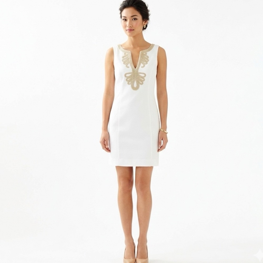 LILLY PULITZER White Cotton Piqué Janice Dress Metallic Gold Trim Size 8